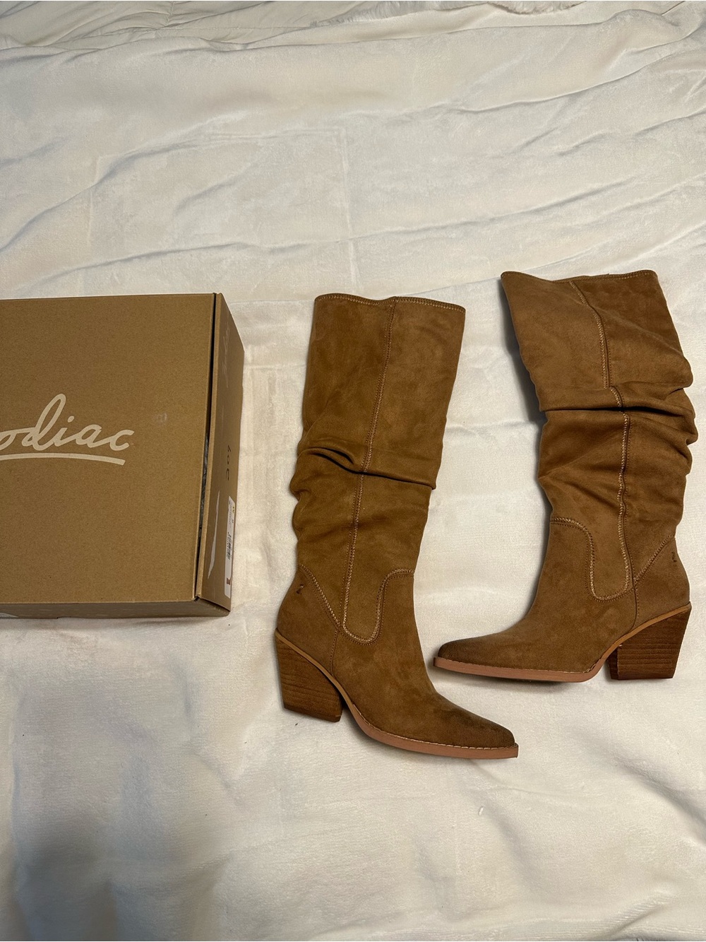 Zodiac Tan Suede Slouchy Mid-Calf Heeled Boots